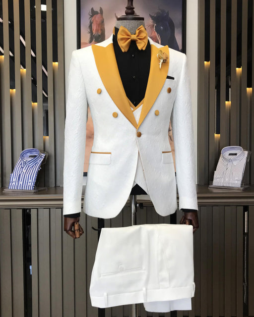 Fashion White Three Pieces Jacquard Peaked Lapel Wedding Men Suit