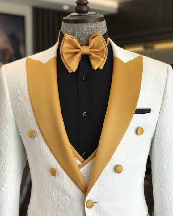 Fashion White Three Pieces Jacquard Peaked Lapel Wedding Men Suit