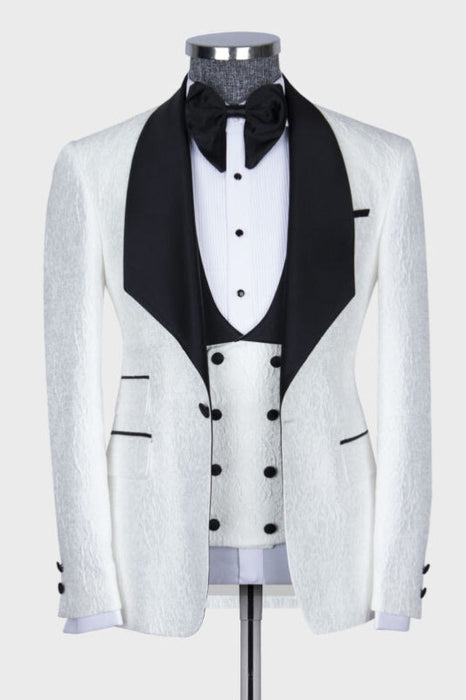 Thomas Bespoke White Jacquard Three Pieces Wedding Suits With Black Shawl Lapel