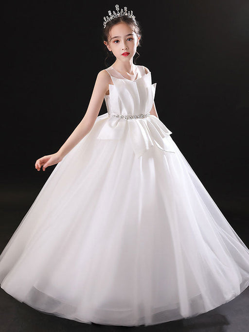 White Flower Girl Dresses Jewel Neck Sleeveless Floor-Length Tulle Princess Dress Pleated Kids Party Dresses