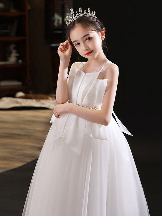 White Flower Girl Dresses Jewel Neck Sleeveless Floor-Length Tulle Princess Dress Pleated Kids Party Dresses