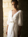 White Wedding Dresses With Train A Line Floor Length 3/4 Length Sleeves Pleated V Neck Bridal Dresses