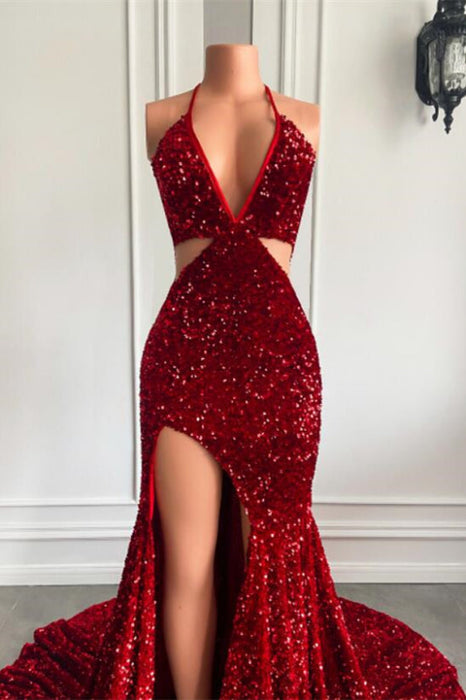 Wine Red Halter Sequins Mermaid Prom Dress with Split