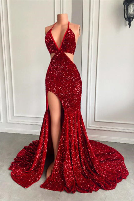 Wine Red Halter Sequins Mermaid Prom Dress with Split