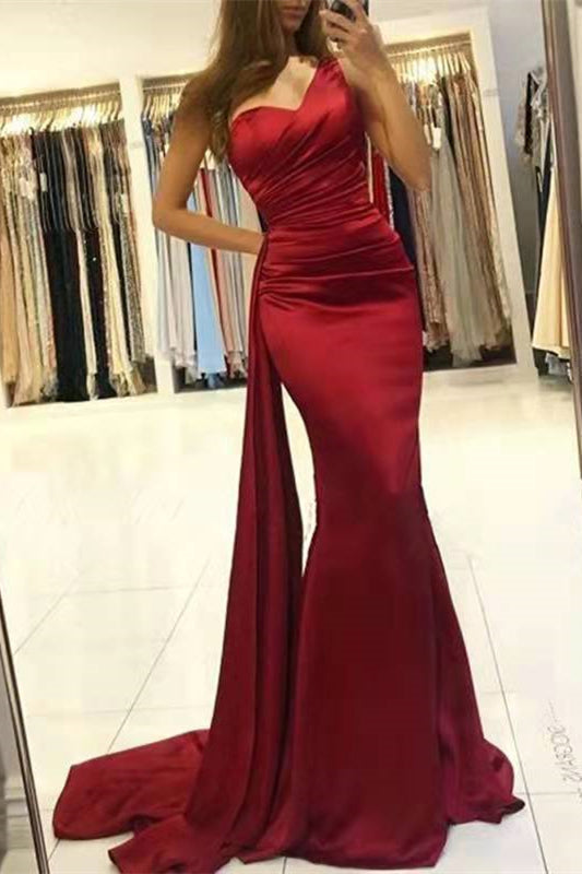 Wine Red One Shoulder Mermaid Prom Dress with Ruffles