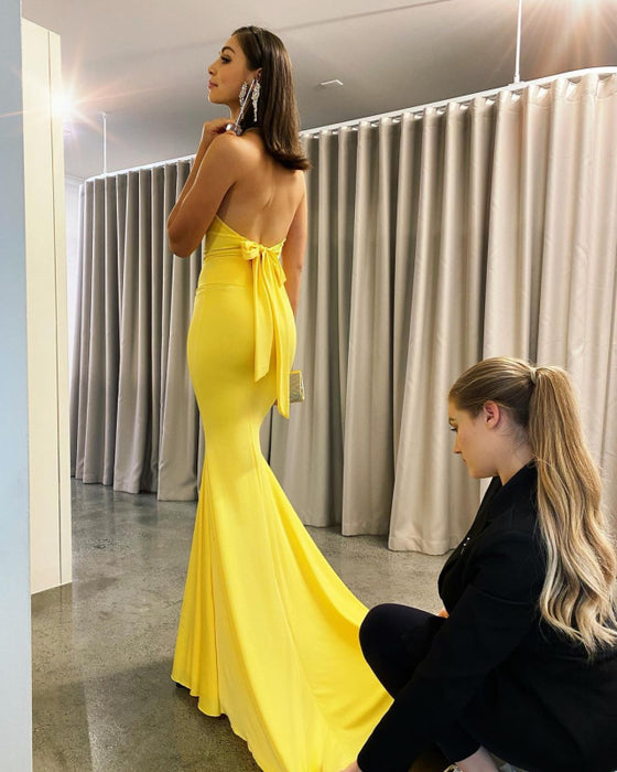 Yellow Backless Mermaid Evening Dress