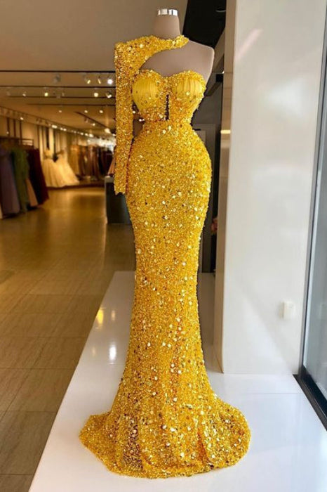 Yellow Halter One Shoulder Long Sleeve Mermaid Prom Dress with Sequins