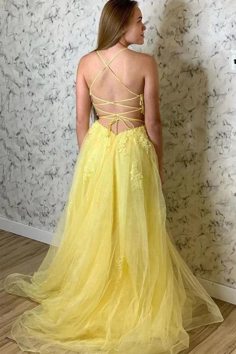 Yellow Lace Appliqued Long Evening Dress