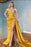 Yellow Long Sleeve Sweetheart Mermaid Applique Prom Dress with Ruffles