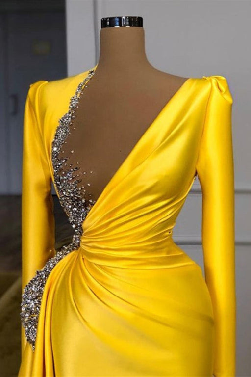 Yellow Long Sleeves Prom Dress with Beads and Sequins