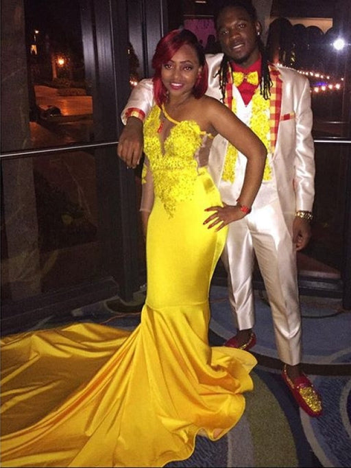 Yellow One-Shoulder Long Sleeve Mermaid Prom Dress with Appliques