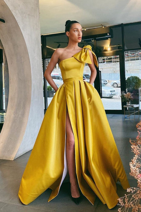 Yellow One-Shoulder Prom Dress Split with Pockets