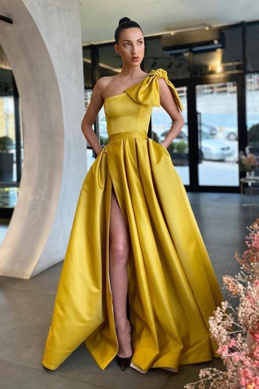 Yellow One-Shoulder Prom Dress Split with Pockets