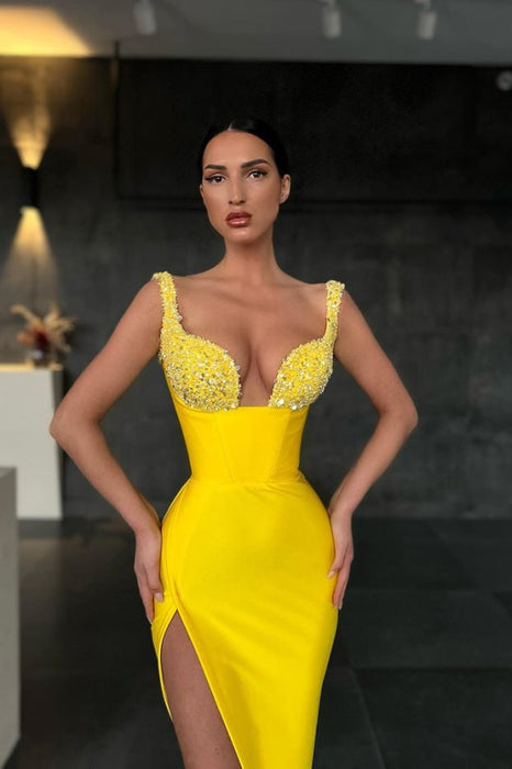 Yellow Sequin Straps Mermaid Prom Dress with Slit