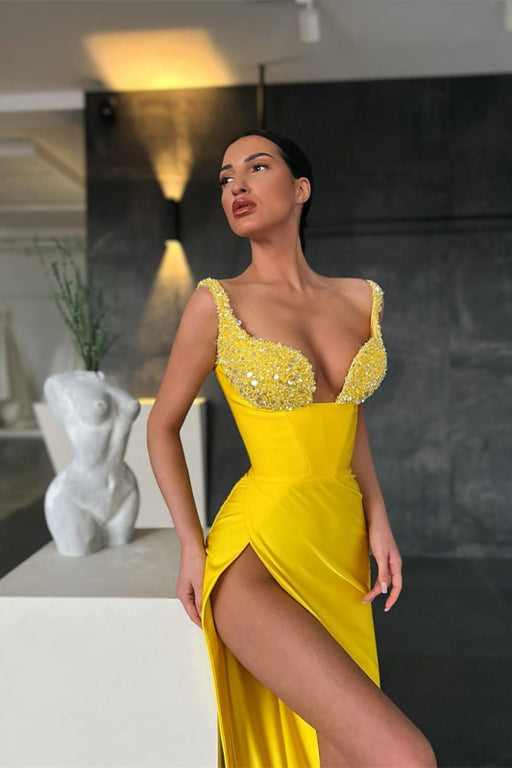 Yellow Sequin Straps Mermaid Prom Dress with Slit