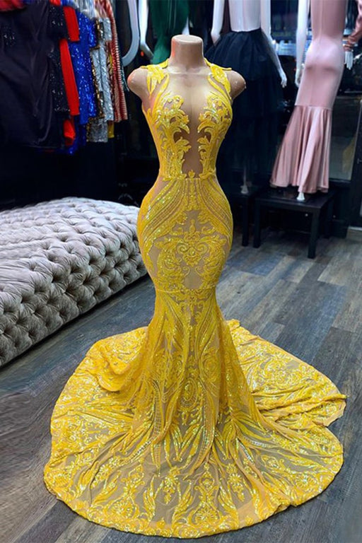 Yellow Sequins Mermaid Prom Dress Sleeveless