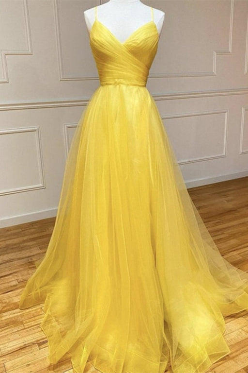 Yellow Spaghetti-Straps Prom Dress with String Back