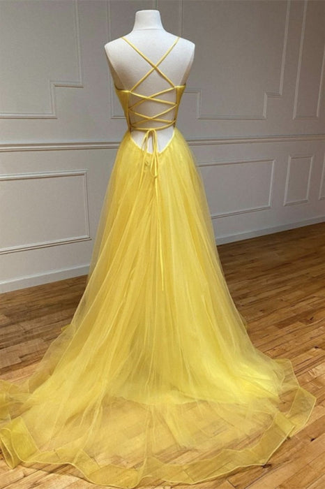 Yellow Spaghetti-Straps Prom Dress with String Back