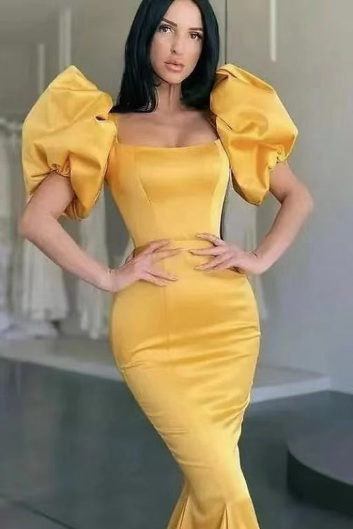 Yellow Square-Neck Bubble Sleeve Mermaid Long Prom Dress