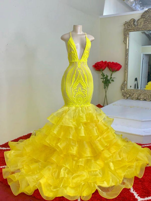 Lemon Yellow Mermaid Prom Dress with Spaghetti Straps and Lace Ruffles