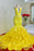 Lemon Yellow Mermaid Prom Dress with Spaghetti Straps and Lace Ruffles