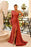 Burnt Orange Long Ruffles One Shoulder Mermaid Prom Dress Split With Feather