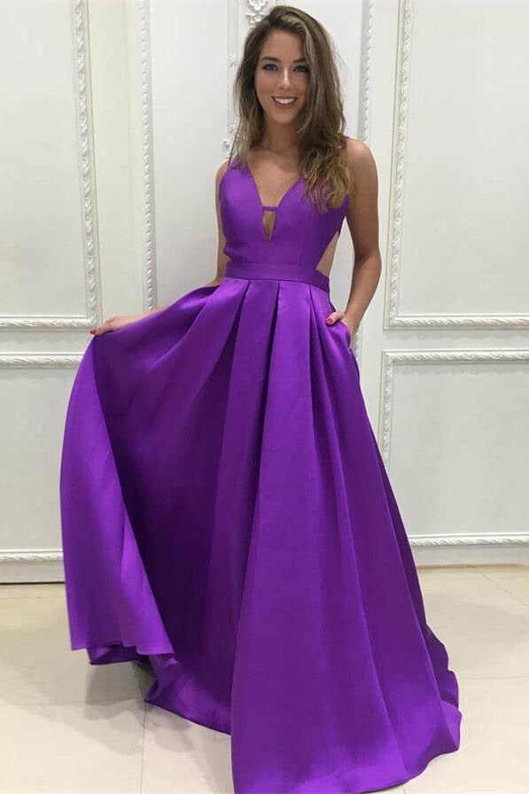 Ravishing Orchid V-Neck Sleeveless A-Line Prom Gown with Convenient Pockets