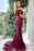 Off-The-Shoulder Burgundy Mermaid Prom Dress with Short Sleeves and Applique