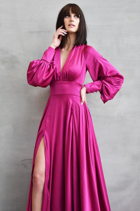 V-Neck Prom Dress With Slit Long Sleeves