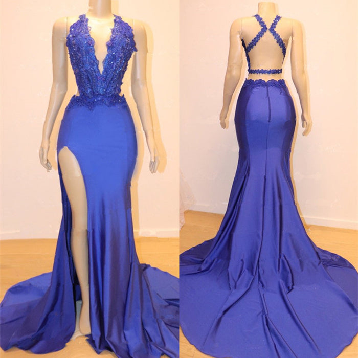 Halter Neck Mermaid Prom Gown with Lace Appliques and Thigh-High Split