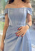 Chic Dusty Blue Off-The-Shoulder Prom Dress with Elegant Pleats and Thigh-High Split