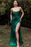 Prom Dress: Emerald Green Spaghetti Strap Mermaid Gown with Split