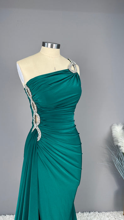 Emerald Green Sleeveless One Shoulder Appliques Long Prom Dress