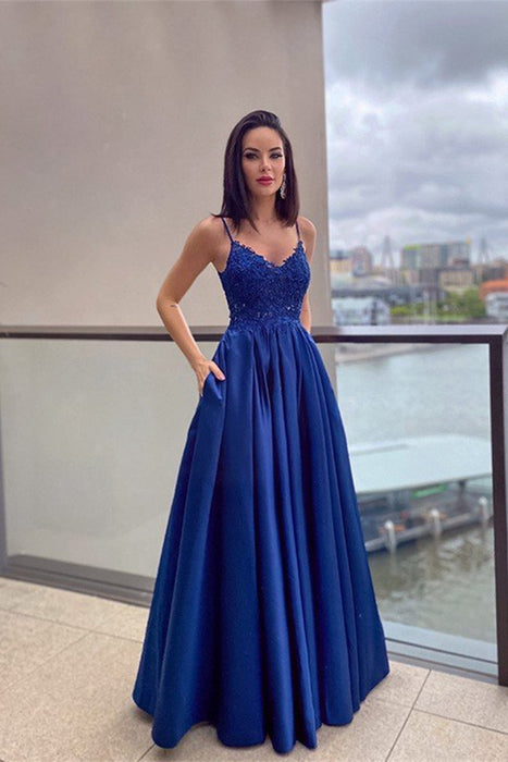 Regal Blue Lace Applique Prom Dress with Elegant Pockets