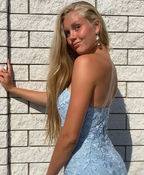 Sky Blue Mermaid Prom Dress With Slit