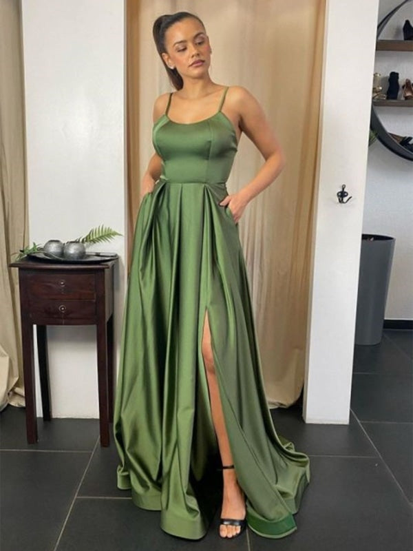 A Line Backless Green Satin Long Prom Dresses with Leg Slit, Backless —  Bridelily