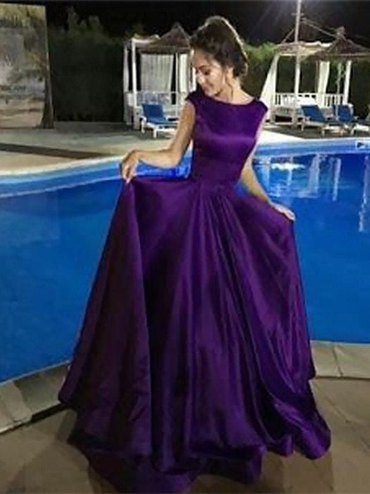 A-Line Bateau Sleeveless Floor-Length With Ruffles Satin Dresses - Prom Dresses