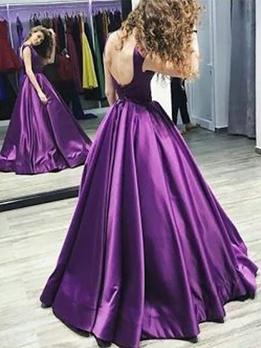 A-Line Bateau Sleeveless Floor-Length With Ruffles Satin Dresses - Prom Dresses