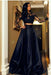 A-line Black Two Piece Long Sleeve Floor Length Satin Evening Dress - Prom Dresses