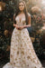 A Line Cap Sleeve Long Lace Dresses With Gold Stars Sheer Neck Prom Gown - Prom Dresses