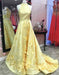 A Line Formal Yellow Halter Handmade Flowers Prom Dresses with Sweep Train - Prom Dresses