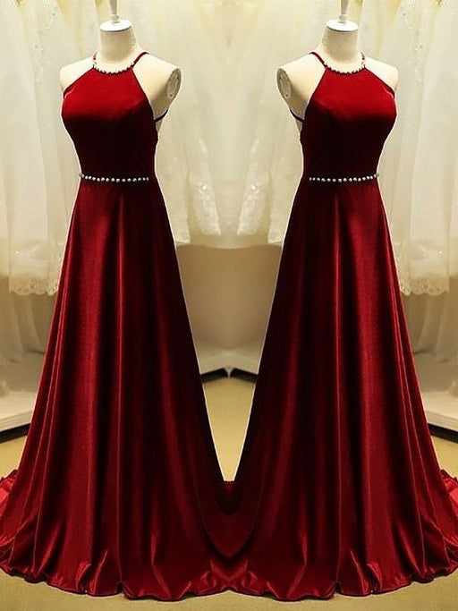 A-Line Halter Sleeveless Sweep/Brush Train With Beading Satin Dresses - Prom Dresses