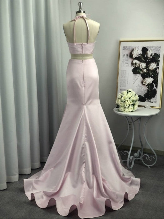 A-Line Halter Sleeveless Sweep/Brush Train With Ruffles Satin Two Piece Dresses - Prom Dresses