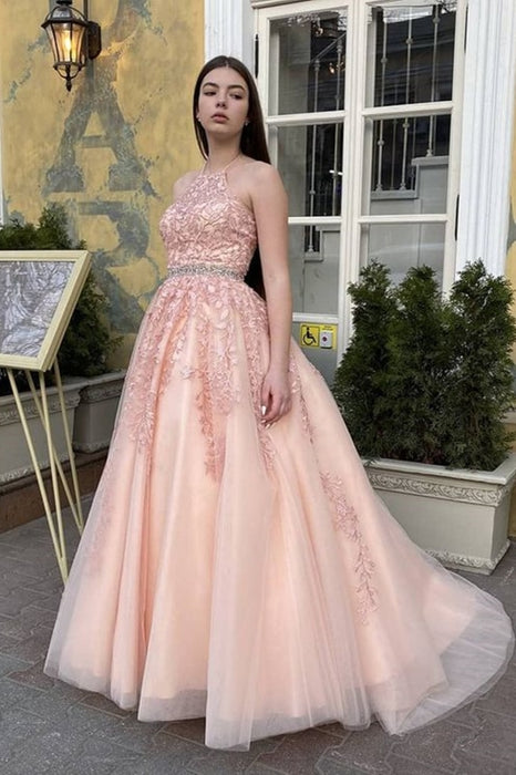 A Line High Neck Pink Lace Long Prom Dresses, Pink Lace Formal Graduation Evening Dresses