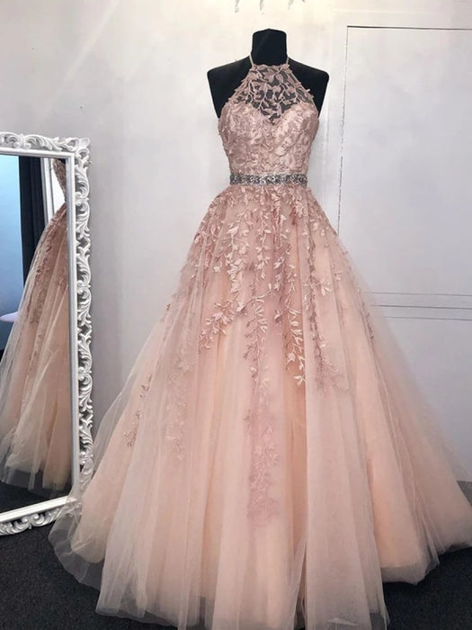 A Line High Neck Pink Lace Long Prom Dresses, Pink Lace Formal Graduation Evening Dresses