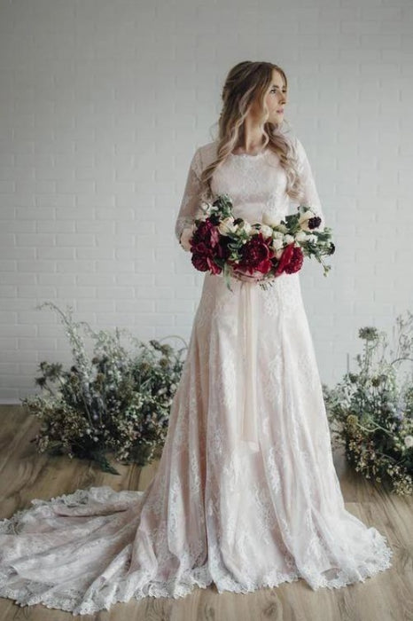 Bohemian Long Sleeve Lace Wedding Dress Open Back - Bridelily