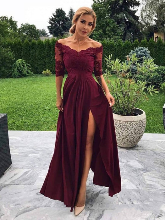 A Line Off Shoulder Half Sleeves Lace Maroon Prom with Slit Off The S Bridelily