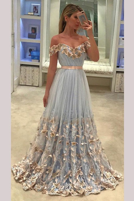 A-line Off-the-shoulder Appliques Sweep Train Tulle Prom Dress with Sash Flowers - Prom Dresses