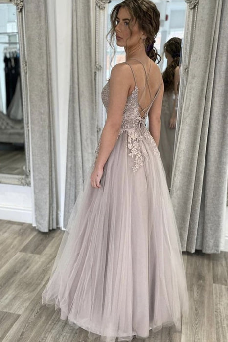 A Line Open Back Thin Strap Gray Lace Long Prom Dresses, Gray Lace Floral Formal Evening Dresses