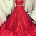 A-Line Red Jewel Keyhole Back Sleeveless Sweep Train Satin Prom Dress with Appliques - Prom Dresses